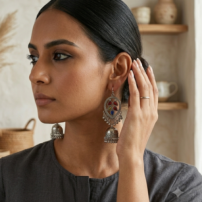 Silver Oxidised Hanging Jhumka Earrings