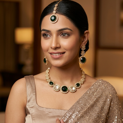 Naira AD Polki Look Alike Necklace Set - Green