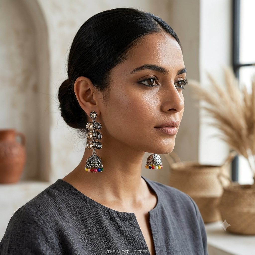 Dual Colour Stone Studded Silver Oxidised Jhumka Earrings