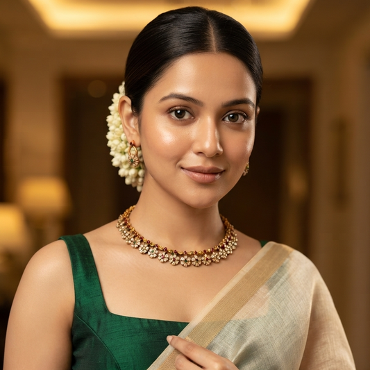 Niharika Floral Temple Necklace Set - Pink & Green