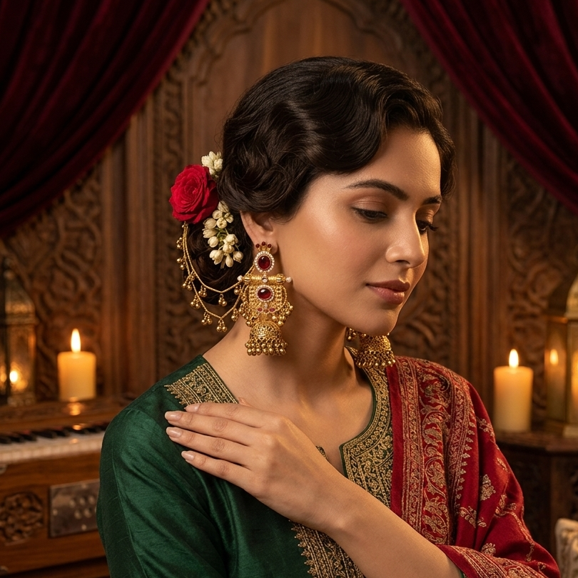 Madhumika premium antique gold kashmiri jhumka earrings featuring ruby red teardrop stones pearl borders integrated ear chains and a heavy hanging ghunghroo bell fringe