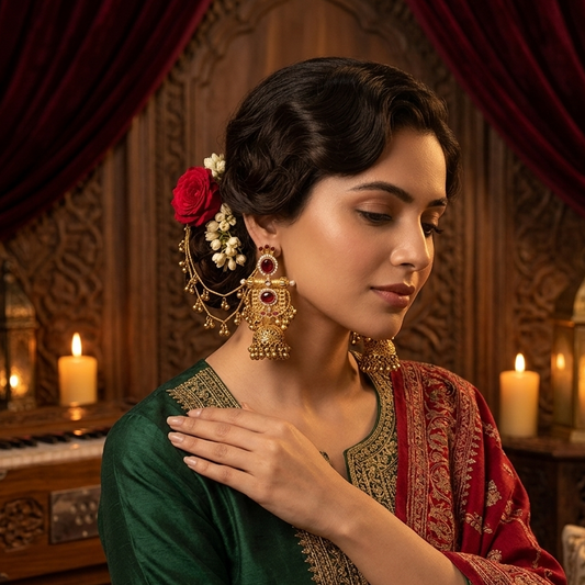 Madhumika Kashmiri Jhumka with Earchain Ghunghroo Earrings - Ruby