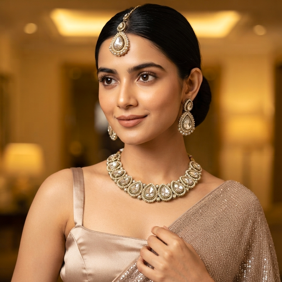 Mannat Zircone Polki Lookalike Premium Necklace Set - Golden