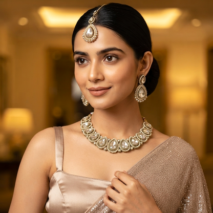 Mannat Zircone Polki Lookalike Premium Necklace Set - Golden