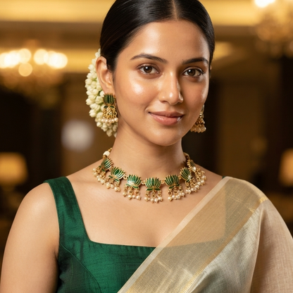 Nalini  Lotus Temple Motif Necklace Set - Green