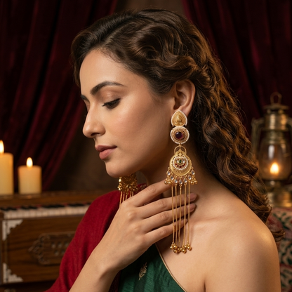 Yashasvi Kashmiri Brass Ghungroo Chandbali Earrings - Pink & Green