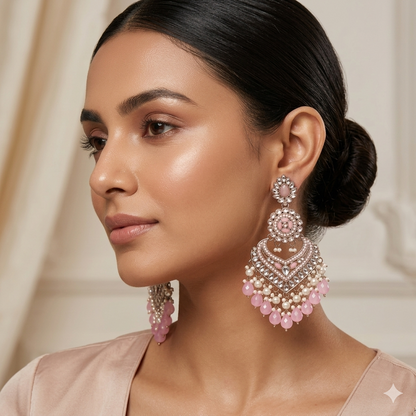Shaba Jadau Kundan Chandbali Earrings - Baby Pink