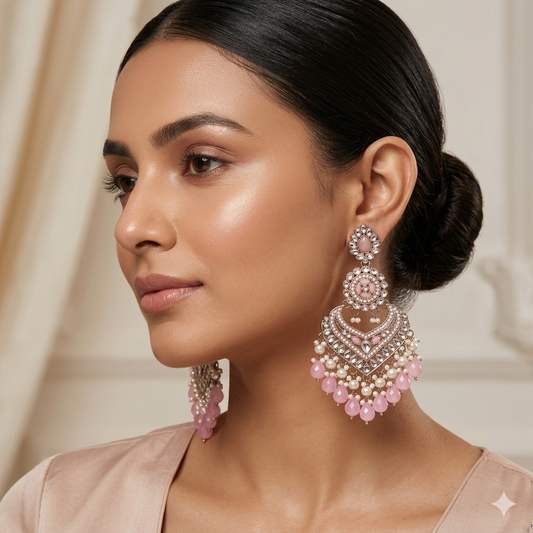 Shaba Jadau Kundan Chandbali Earrings - Baby Pink