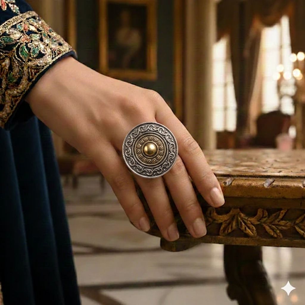 Dual tone carved adjustable statement ring featuring an oversized antique silver circular medallion and a polished gold center dome