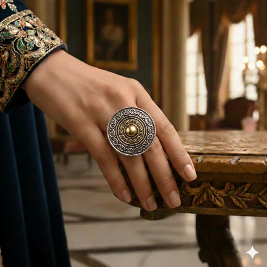 Dual tone carved adjustable statement ring featuring an oversized antique silver circular medallion and a polished gold center dome