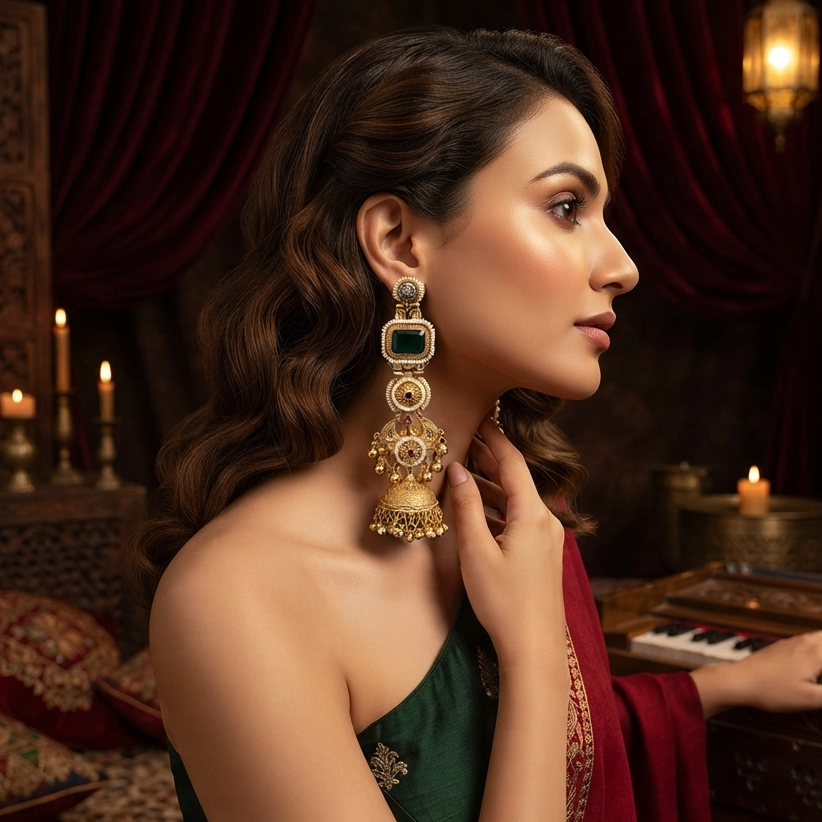 Pehal Kashmiri Brass Ghungroo Jhumka Earrings - Green