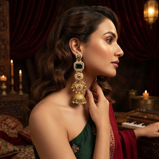 Pehal Kashmiri Brass Ghungroo Jhumka Earrings - Green