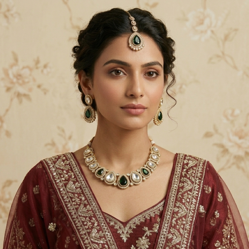 Green Mannat Zircone Polki Lookalike Premium Necklace Set