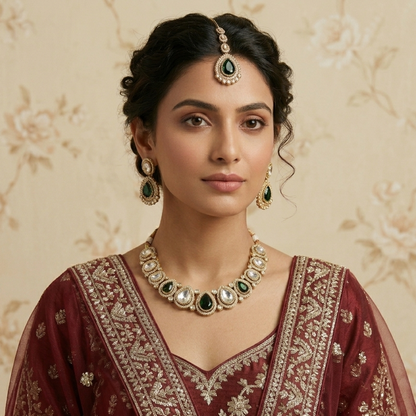 Green Mannat Zircone Polki Lookalike Premium Necklace Set