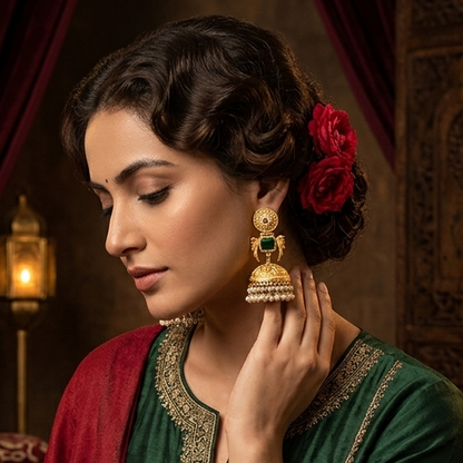 Hansina Kashmiri Brass Jhumka  Earrings - Green