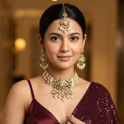 Sajal premium antique gold kundan broad choker necklace set featuring a central flower rosette medallion multi strand woven white pearl bands and a dense cascading fringe of clear stones and pearls with matching chandelier earrings and maang tikka