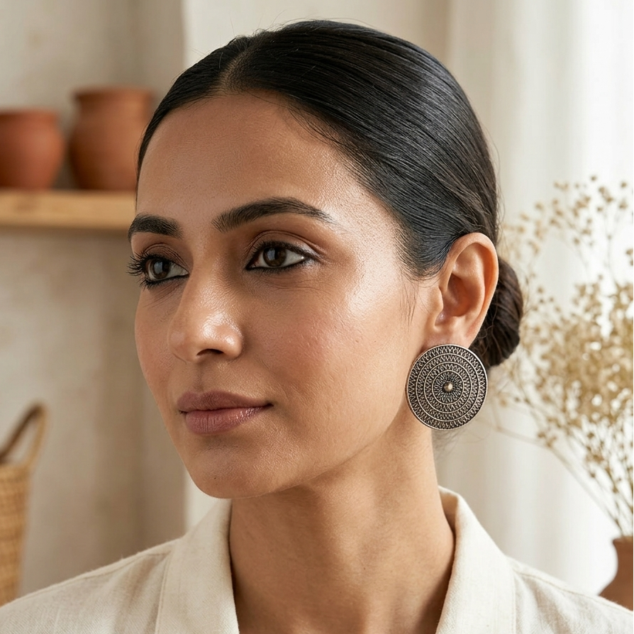 Mesh Oxidised Round Stud Earrings