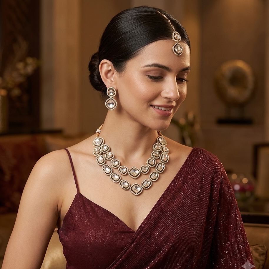 Gulnaj Double Layer Designer Zircone Golden Polki Lookalike Necklace Set