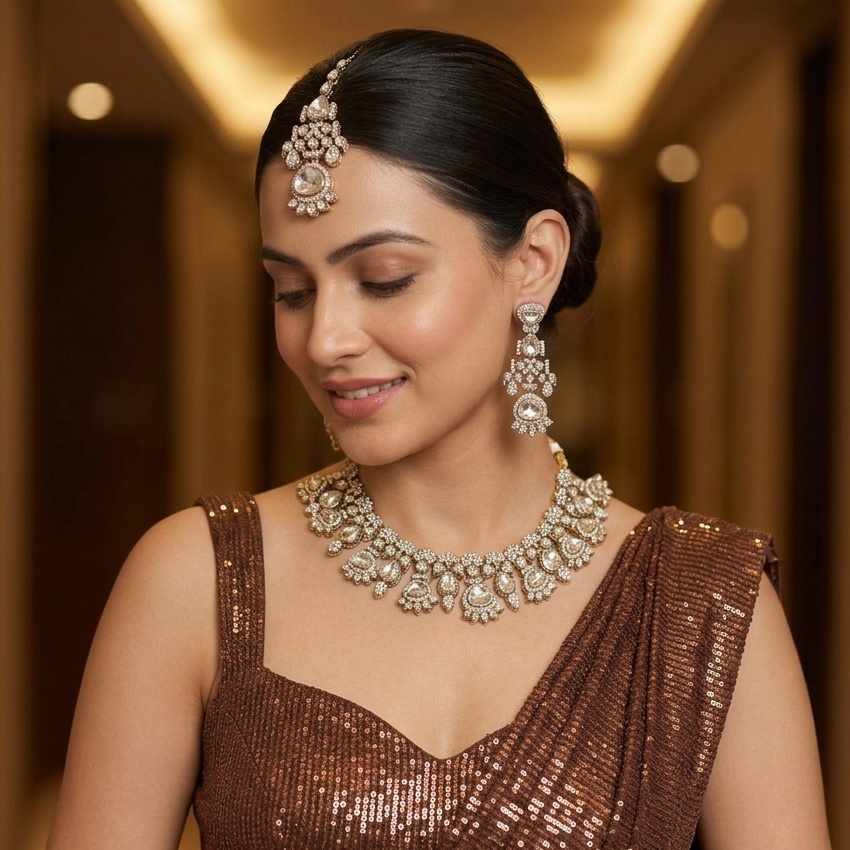 Jehana Premium Polki Lookalike Necklace Set - Golden