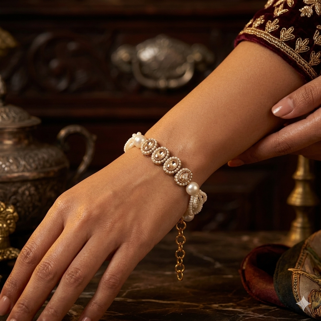 Rene adjustable antique gold polki bracelet featuring four alternating oval and teardrop links with clear cz halos and a multi strand pearl band