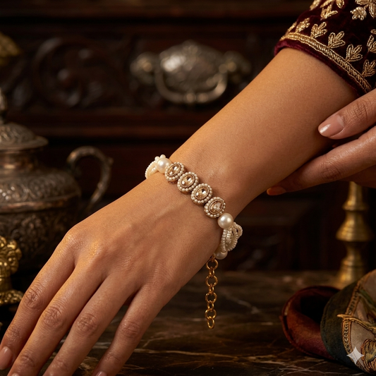 Rene adjustable antique gold polki bracelet featuring four alternating oval and teardrop links with clear cz halos and a multi strand pearl band
