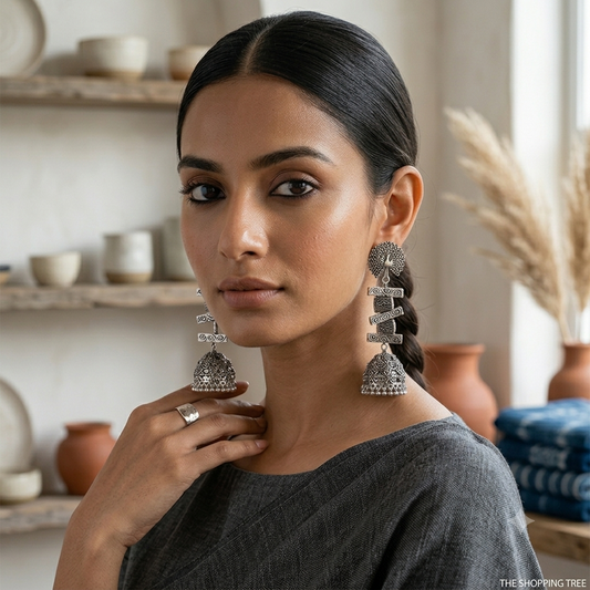 Peacock Stud Embellished Oxidised Jhumka Earring
