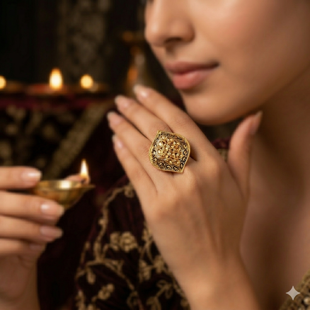 Kiran Enamel Adjustable Ring - Golden