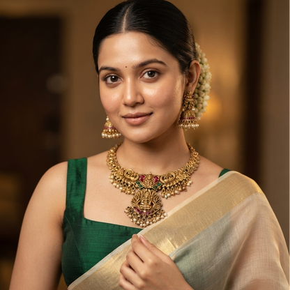 Bhavika Lakshmi Temple Necklace Set - Golden