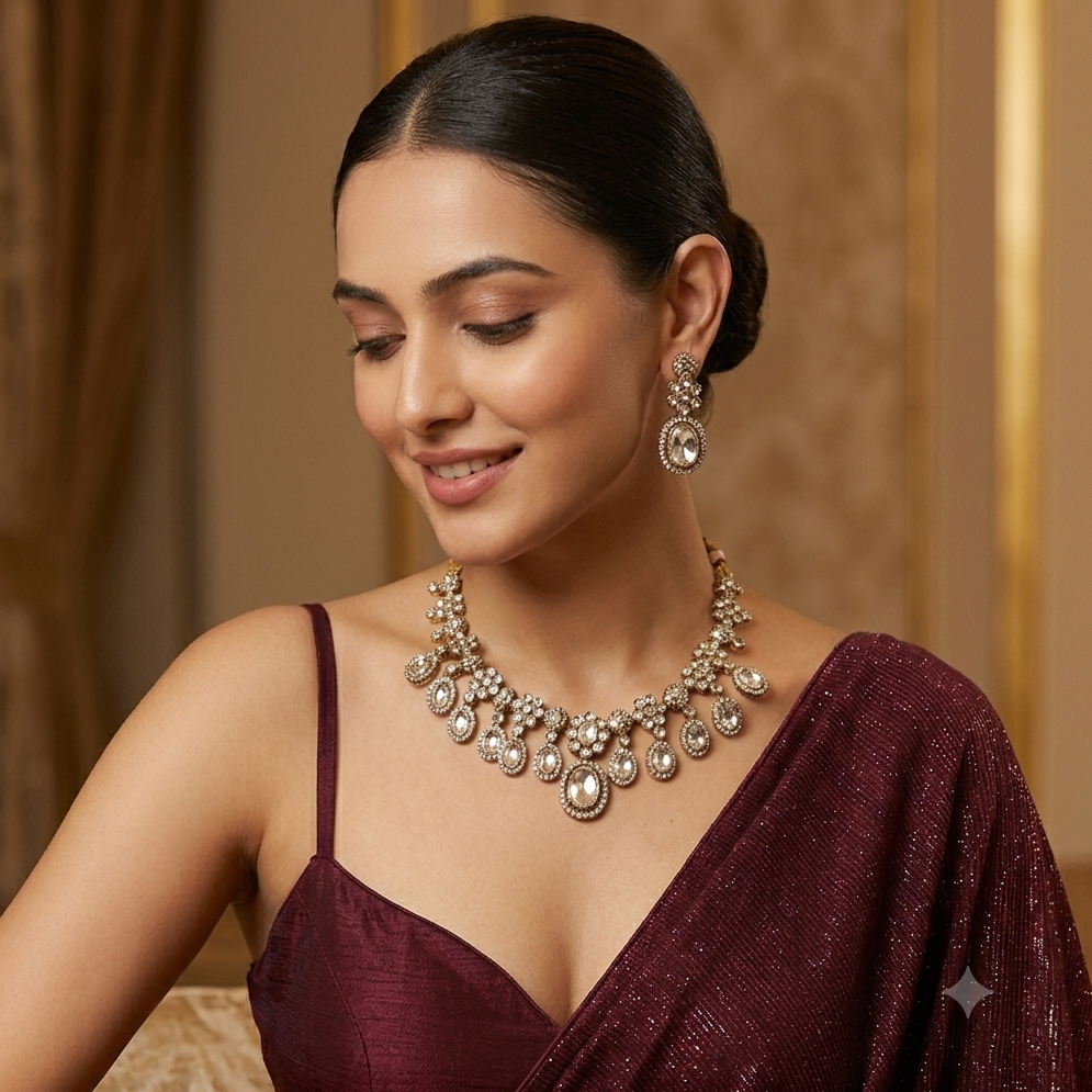 Golden Tayani Zircon Kundan Necklace Set with Earrings