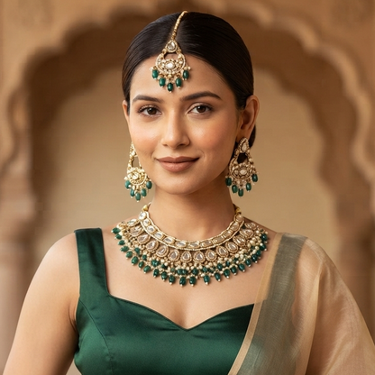 Rumaisa Jadau Kundan Necklace Set - Peacock Blue
