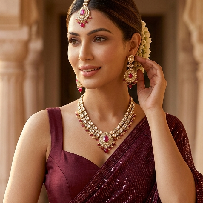 Bela Royal Kundan Necklace Set - Pink