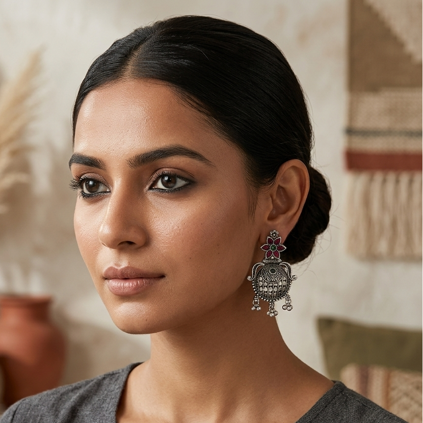 Madhurya premium oxidized silver chandbali earrings featuring a pink and green enamel flower stud textured crescent dome shield and cascading metallic droplets