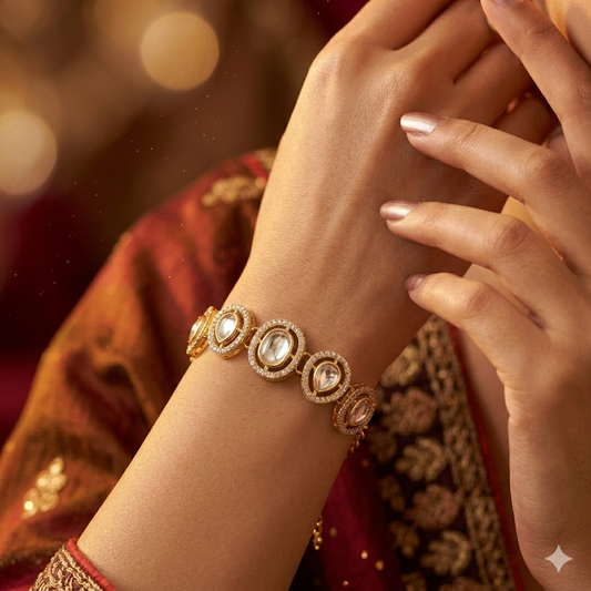 Jinisha adjustable antique gold polki bracelet featuring alternating oval and teardrop links with clear cz pave halos