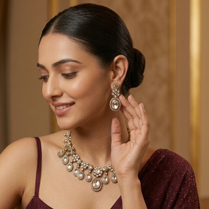 Golden Tayani Zircon Kundan Necklace Set with Earrings