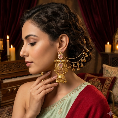 Madhumika Kashmiri Jhumka with Earchain Ghunghroo Earrings - Pastel Pink
