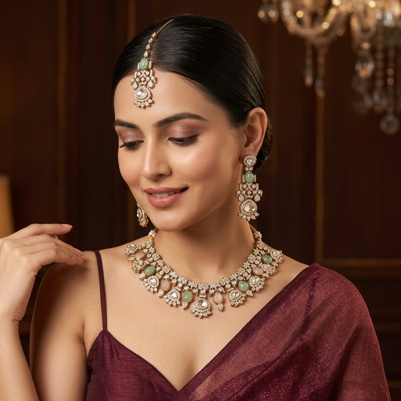 Jehana Premium Polki Lookalike Necklace Set - Pastel Pink & Green