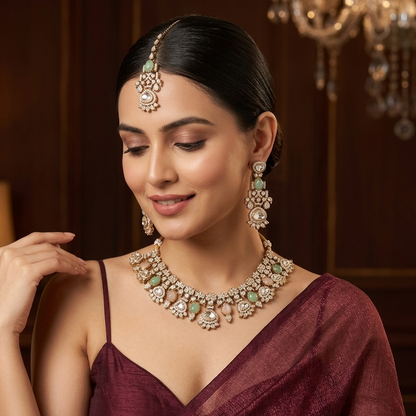 Jehana Premium Polki Lookalike Necklace Set - Pastel Pink & Green