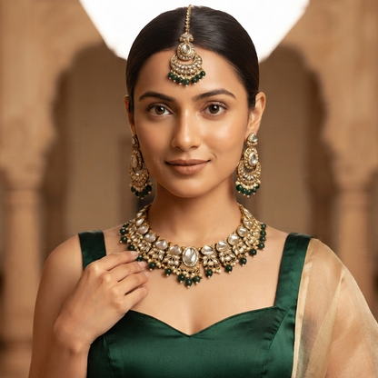 Rajnandini Pearl Kundan Necklace Set  - Green