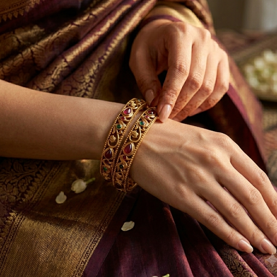 Madhavi Temple Gold Bangles - Pink & Green (Set of 2)