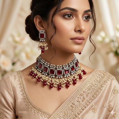 Ruksana Mogra Necklace Set with Earrings - Maroon