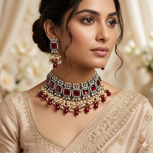 Ruksana Mogra Necklace Set with Earrings - Maroon