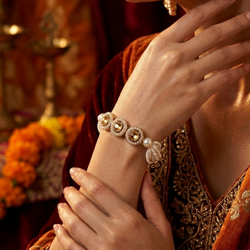 Akanksha adjustable antique gold bracelet featuring three round jadau kundan medallions and a five strand micro pearl band