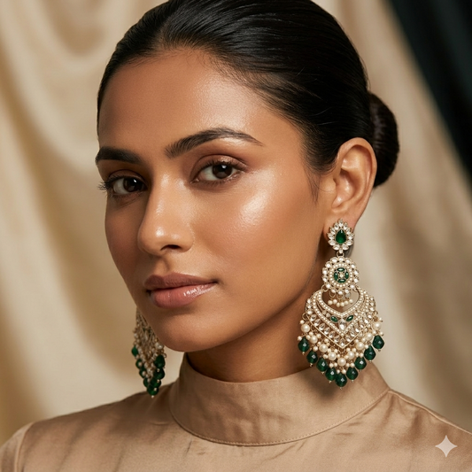 Shaba Jadau Kundan Chandbali Earrings - Green