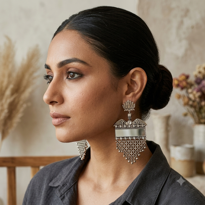 Lotus Mirror Silver Oxidised Dangler Earrings