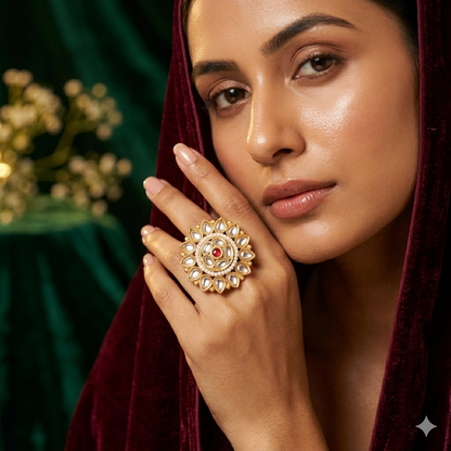 Inayat Premium Kundan Ring - Pink & White