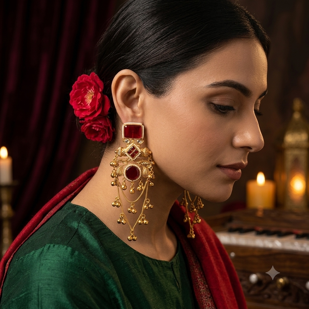 Patralekha Kashmiri Brass Dejhoor Ghungroo Jhumka Earrings - Maroon