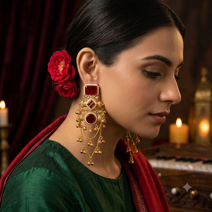 Patralekha Kashmiri Brass Dejhoor Ghungroo Jhumka Earrings - Maroon