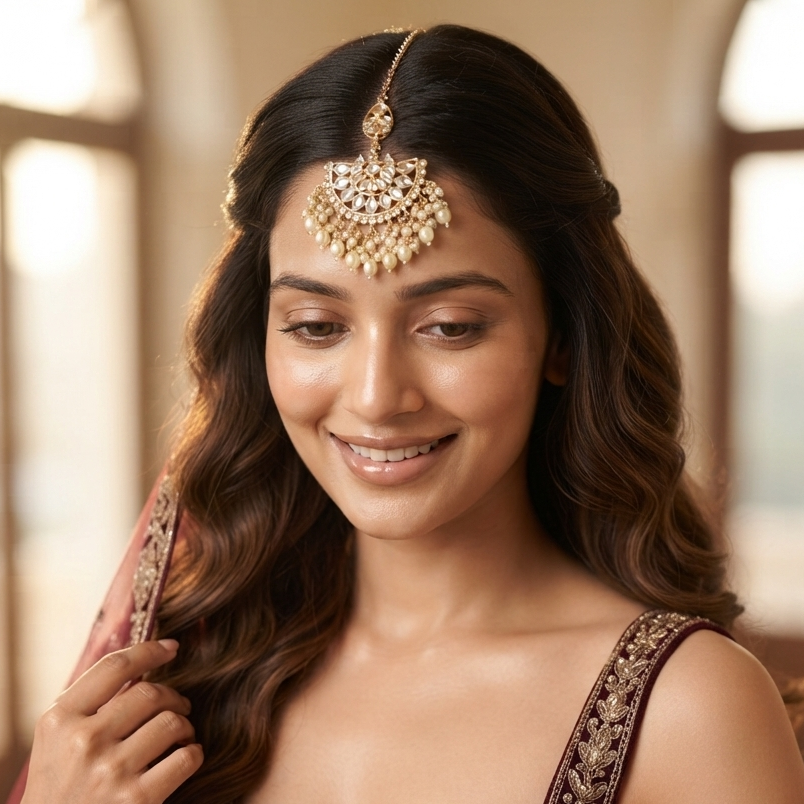 Savitri Kundan Pearl Maang Teeka - Golden