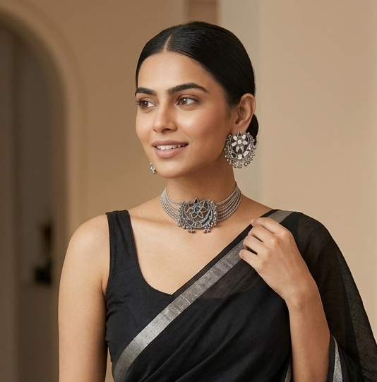 Half Chand Mirror Silver Necklace Set