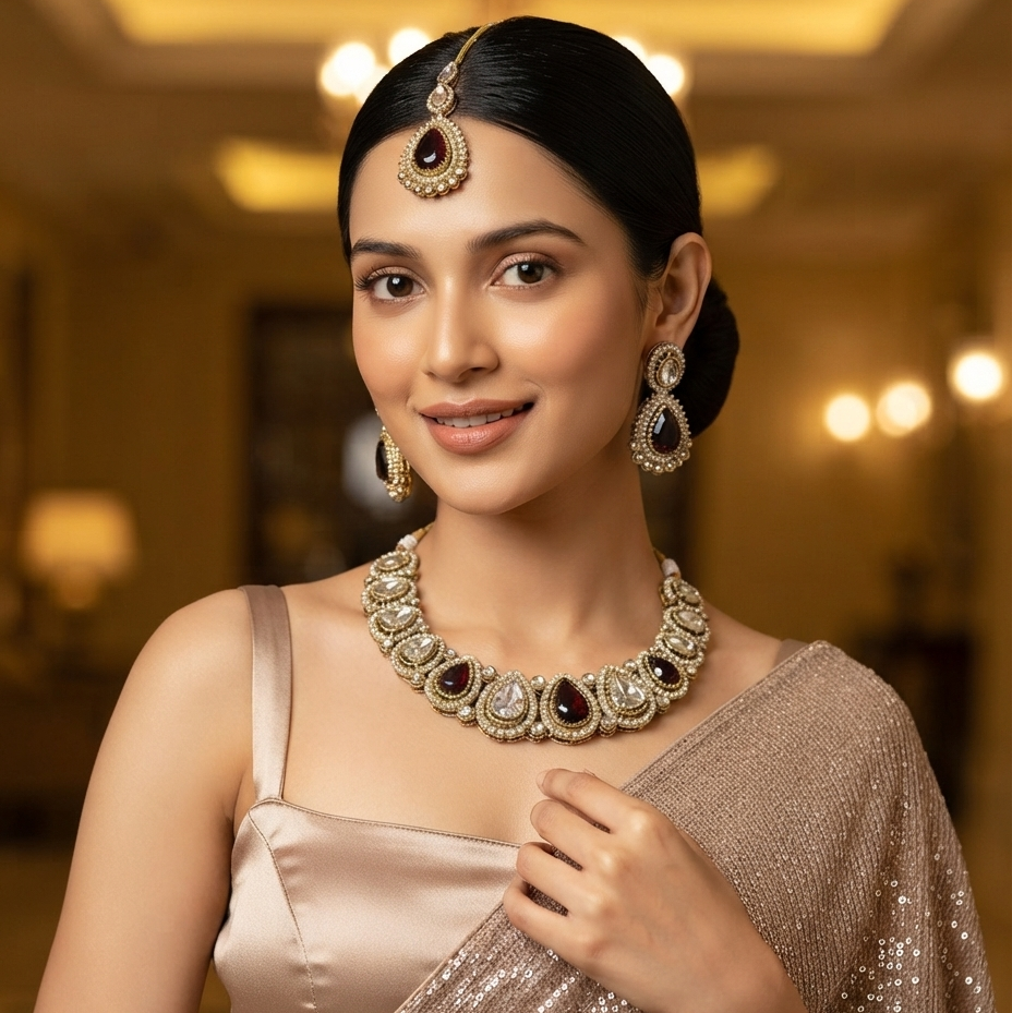 Mannat Zircone Polki Lookalike Premium Necklace Set - Maroon